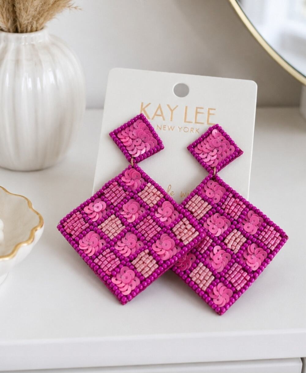 Kay Lee Pink Diamond Shape Beaded Earrings New